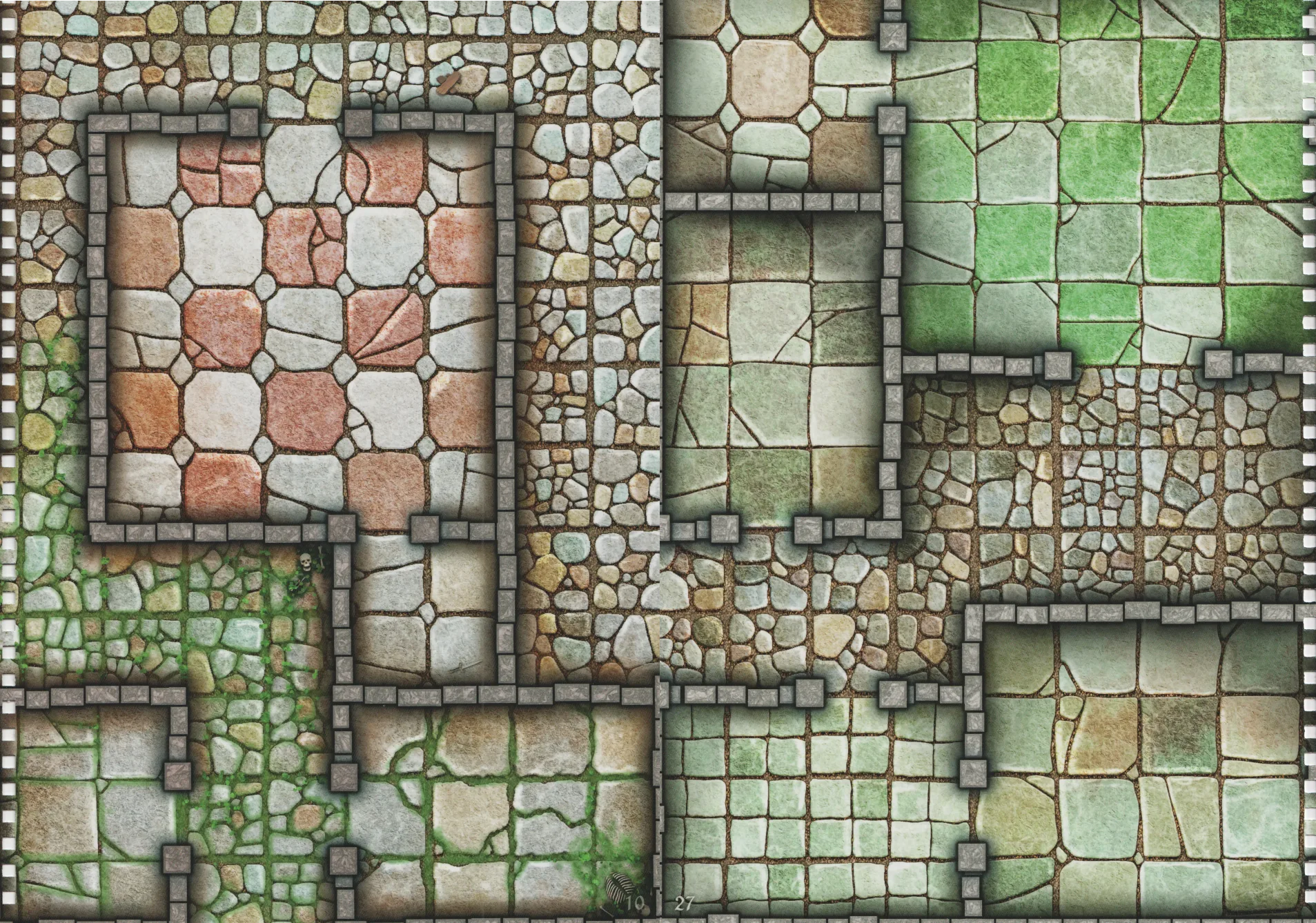 Two Loke battle mats side by side, with two rooms in the middle missing the fourth wall.